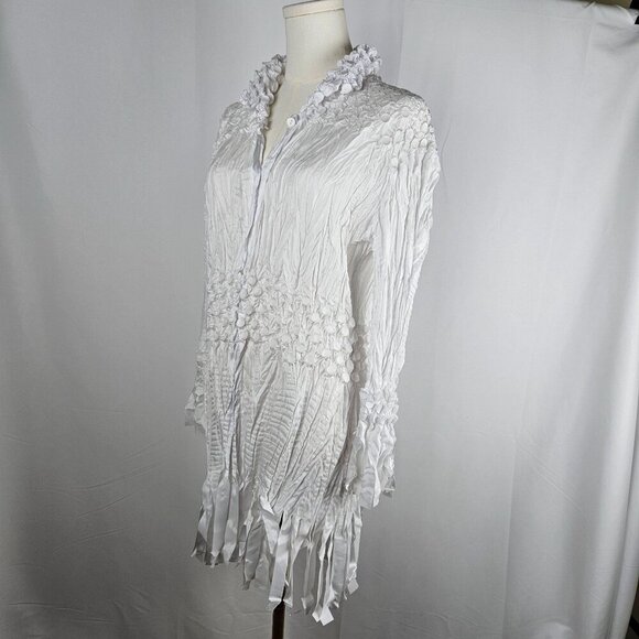 Jerry T Small White Crinkle Texture Button Tunic Fringe Hem Boho Festival - Picture 3 of 12